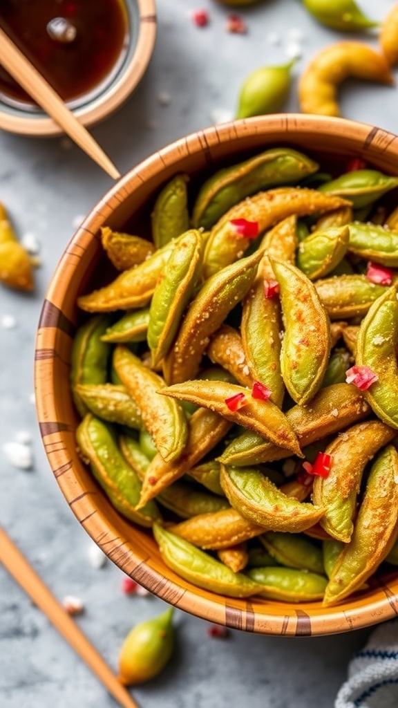 A bowl of crispy air-fried edamame pods seasoned with salt and garlic, presented with chopsticks and soy sauce.